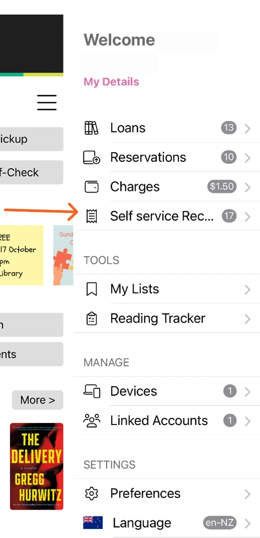 An arrow pointing to the self service receipts button within the Dunedin Public Libraries app