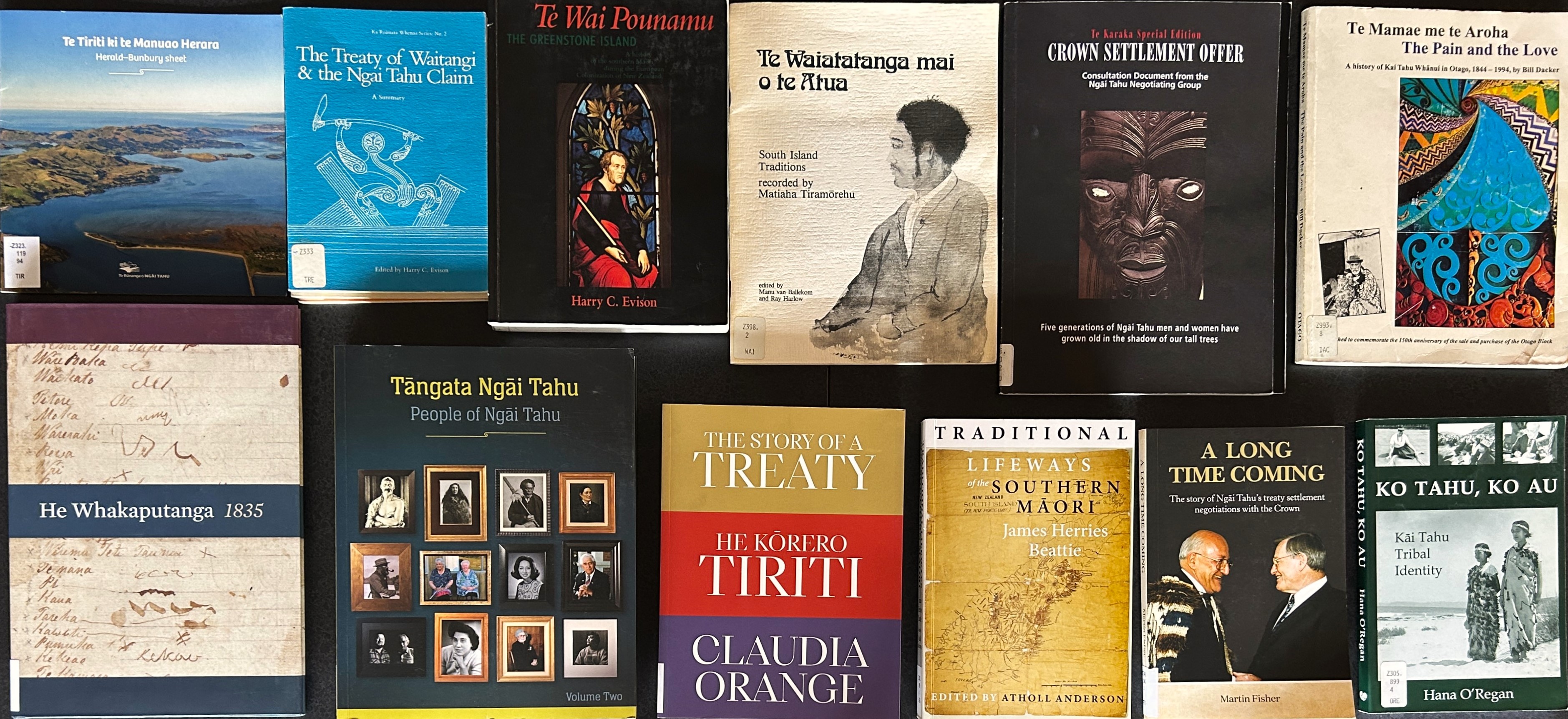 Books about the Treaty of Waitangi on a black background