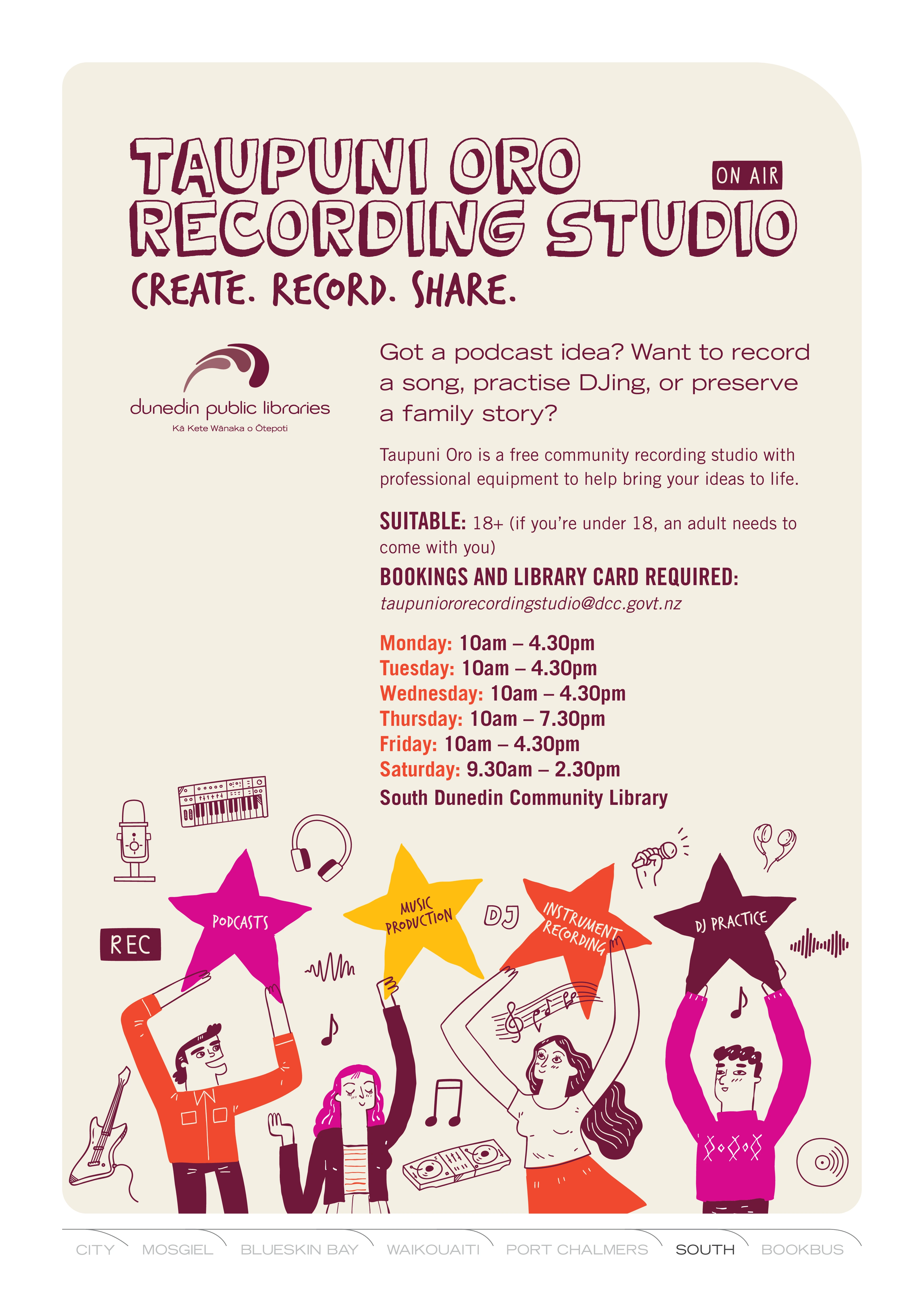 A poster for Taupuni Oro Recording Studio, with a four illustrated people holding up stars reading: podcasts, music production, instrument recording, DJ practice. Tagline: Create. Record. Share. Other text including: Got a podcast idea? Want to record a song, practise DJing, or preserve a family sotry?